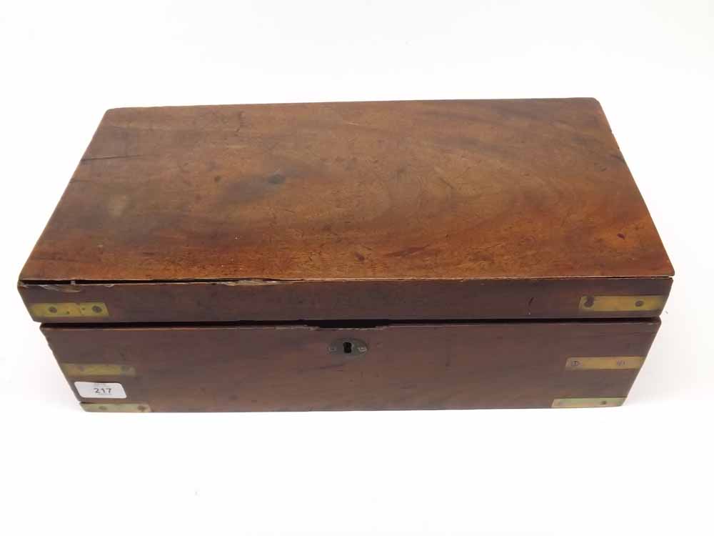 19th century mahogany and brass bound writing box of typical rectangular form with fitted and