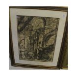 AFTER PIRANESI, BLACK AND WHITE ENGRAVING, Classical Scene, 21" x 16"