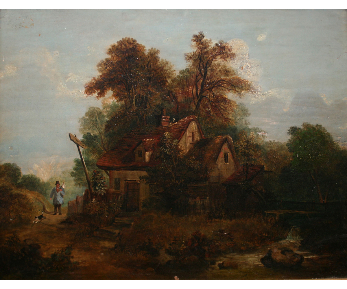 NORWICH SCHOOL, OIL ON CANVAS, Figure and Dog by Cottage in Rural Landscape, 16" x 20"