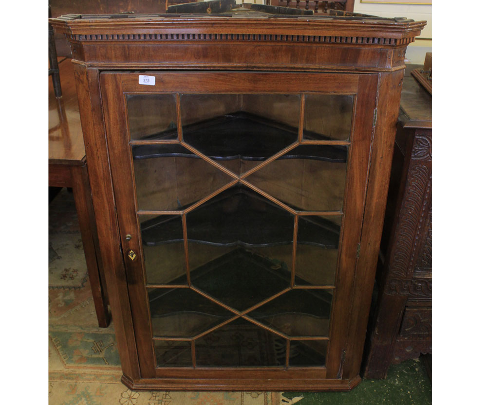Large 19th century mahogany glazed corner cabinet fitted with three shelf interior, 34" wide