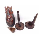 Mixed lot comprising: a 20th Century West African Hardwood wall mask, two hardwood wall brackets and