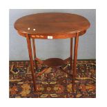 Edwardian mahogany oval two-tier occasional table with inlaid detail, approx 25" wide