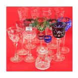 Mixed lot comprising: various 20th century clear and coloured glass wines and spirit glasses,