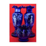 Mixed lot: Mary Gregory style blue glass wares comprising pair of frilled top vases and further