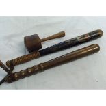 Mixed Lot: two various wooden truncheons, together with a further turned wooden gavel, various dates
