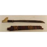 South East Asian short machete, with carved and decorated bone handle and steel blade in a bound