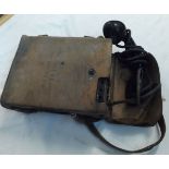 Post WWII US Army Signal Corps telephone, EE-8-B, stitched leather satchel with carry strap and