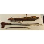 Vintage Dyak sword, 22” blade, wooden grip (damaged), wooden scabbard with short sword and