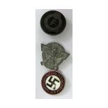 Mixed lot: German World War II style party badge (A/F), Mosley Black Shirt lapel badge etc (3)