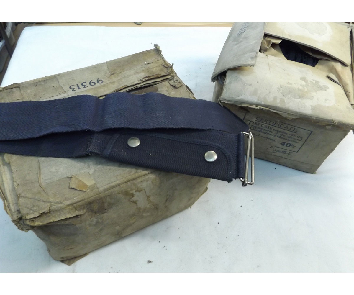 Quantity of dark blue fabric webbing belts, each with nickel keepers and single fitted pouch,