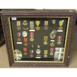 Framed family medal collection including Pte W H King (father), Norfolk Fus, KIA 19/4/18, Father