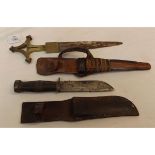 Mixed Lot: hunting knife No 2250 with leather grip and stitched leather scabbard; together with
