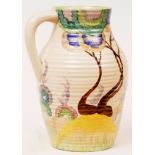 Clarice Cliff Lotus Jug, decorated with the "Aurea" pattern, Wilkinsons Bizarre printed mark, 12"