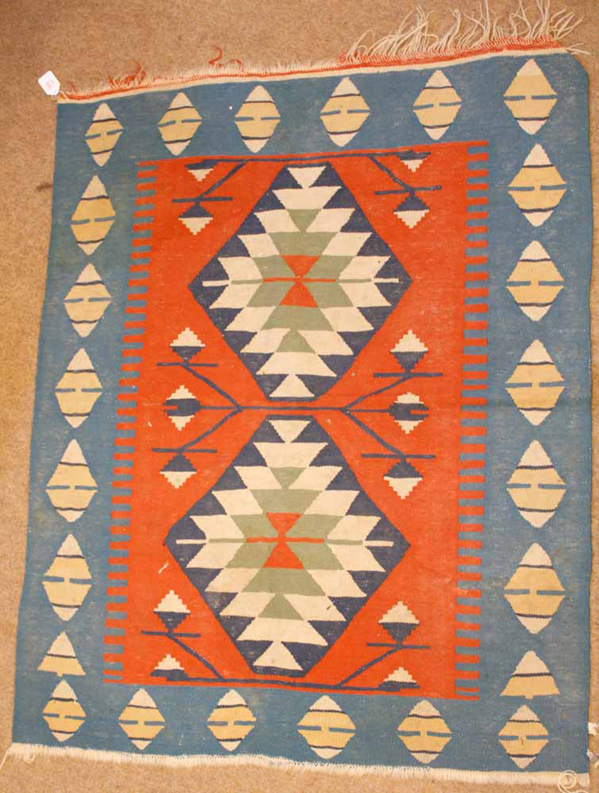Kilim small rug and prayer mat each decorated with geometric designs on turquoise and beige ground - Image 2 of 2
