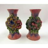 Pair of Clarice Cliff Candlesticks, moulded with the My Garden pattern (restored), 5 1/4" high