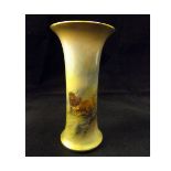 Graingers Worcester small trumpet vase, painted by Harry Stinton with a scene of Highland cattle