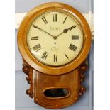Mid-19th century walnut and boxwood line inlaid drop dial timepiece, the moulded surround with