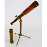 Mixed lot: two brass cased three-drawer pocket telescopes, one mounted in a tripod desk stand, the