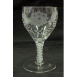 19th century large wine glass, bucket bowl engraved with floral sprigs and sprays over opaque