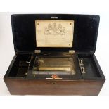 Late 19th century Swiss music box for eight airs, the case of typical form with hinged cover,