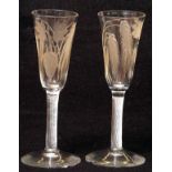 Pair of late 18th/early 19th century ale glasses with tapering bowls etched with wheatears etc on