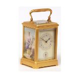 Early 20th century French gilt brass and enamelled repeating carriage alarm clock, the replacement