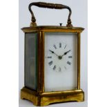 Late 19th century French lacquered brass repeating carriage clock, the silvered lever platform