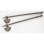 Near pair of late 19th century Indian axes, of typical form with cylindrical handles, crescent-