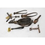Mixed Lot: stitched leather shot pouch, wad cutter, two various bullet moulds, shot measure and