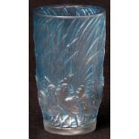 Lalique "Coqs et Plumes" clear frosted and blue stained vase, stencil mark to base "R Lalique,