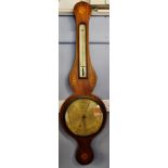 Mid-19th century mahogany and boxwood inlaid wheel barometer, F Molton - St Lawrence Steps, Norwich,