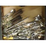 Mixed lot: silver plated wares to include two entre dishes, range of assorted cutlery, plus brass