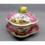 Augustus Rex covered dish and stand decorated with panels of classical scenes and sprays of foliage,