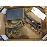 Box of various mixed brass wares to include camel bells, small plate, further vintage thermometer,