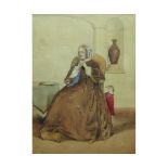 19TH CENTURY ENGLISH SCHOOL, WATERCOLOUR, Seated lady with dog in an interior, 15" x 11"