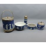 Mixed lot: blue Jasperwares to include biscuit barrel, two preserve pots, sugar shaker and a