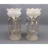 Pair of Victorian lustre vases, the frosted bodies with gilt decoration and clear glass droplets, 10