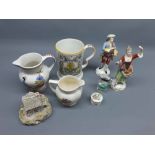 Mixed lot: pair of Continental figures, Adams Farmers Arms mug, and other mixed wares (qty)