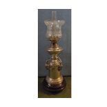 Large table oil lamp, clear glass chimney, frosted glass floral shade and silver plated body,