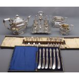 Mixed Lot:  silver plated three piece tea service, egg cruet and cased cutleries