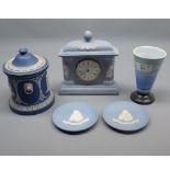 Mixed Lot: Wedgewood Jasper Wares comprising small mantel clock, covered jar and two small ashtrays,