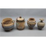 Mixed lot: Doulton Slaters ware comprising three assorted vases and a tobacco jar, various impressed