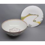 Mixed lot: 19th century circular bowl decorated with floral garlands and text to centre, 12"