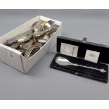 Box:  various assorted silver plated cutlery, steel bladed knives and other items (qty)