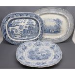 Mixed lot: three 19th century blue and white patterned meat plates to include examples decorated