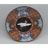 Cloisonné small circular plate, centre decorated with a flying crane within a compartmentalised