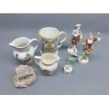 Mixed lot: pair of Continental figures, Adams Farmers Arms mug, and other mixed wares (qty)