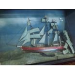 Cased 20th century model of a three-masted ship, approx 40” wide