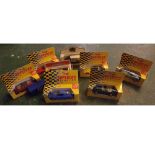 Box of various boxed Corgi Toys cars, Maisto toy cars, Lledo toy cars and others