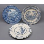 Mixed lot: three assorted 19th century blue and white plates, to include example marked “Lunils